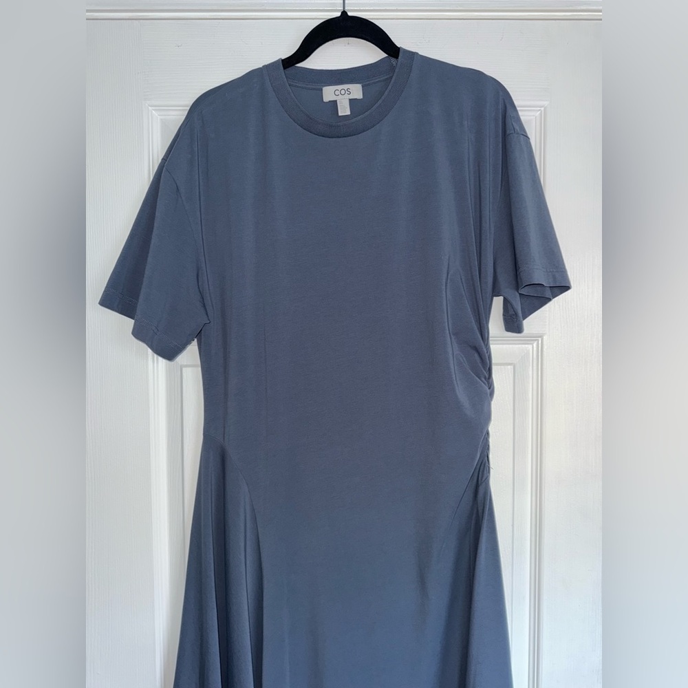 COS Steel Blue Asymmetric Flow Ruched Stretch Cotton Jersey T-Shirt Midi Dress L - Picture 6 of 13
